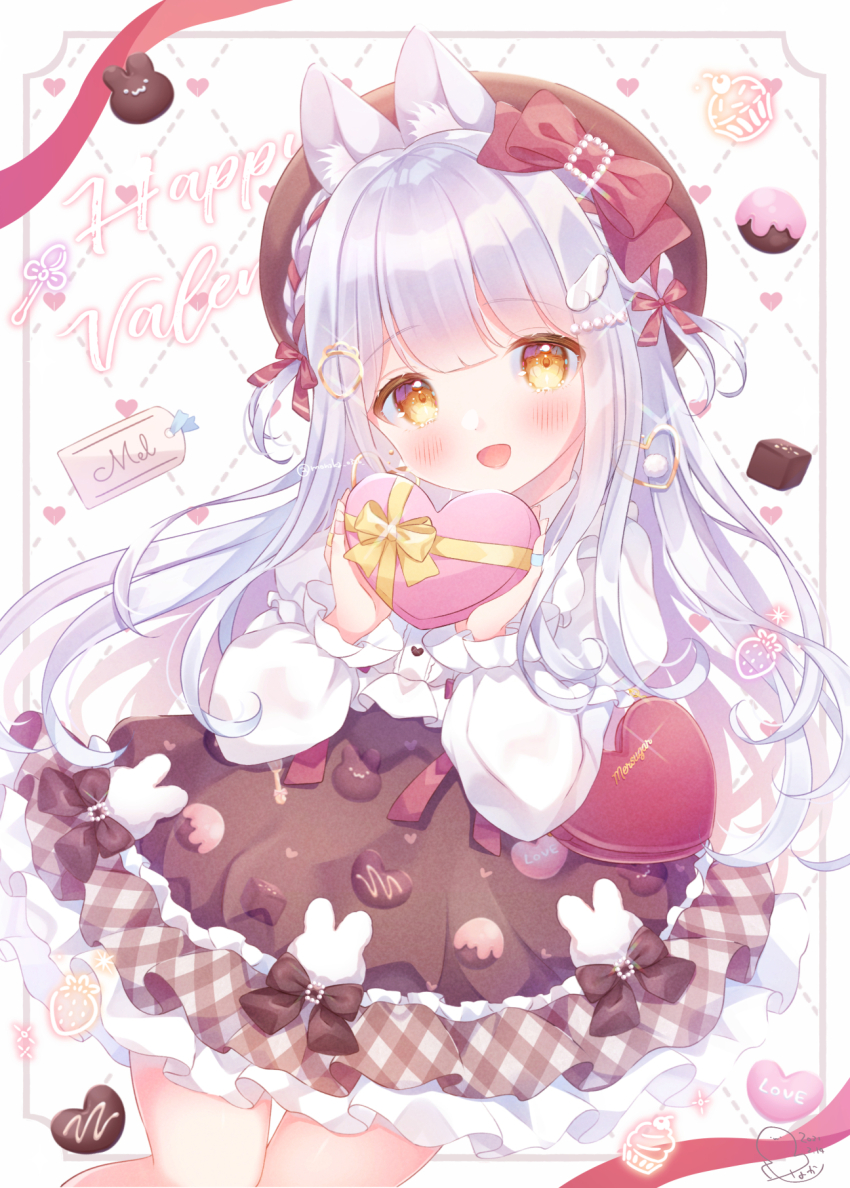 1girl :d animal_ear_fluff animal_ears black_hat blush bow box brown_hat brown_skirt carrot_hair_ornament chocolate commentary_request cowboy_shot dated earrings food-themed_clothes food-themed_hair_ornament gift gift_box gold_earrings hair_bow hair_ornament hat heart heart-shaped_bag heart-shaped_box heart_earrings highres holding holding_gift jewelry long_hair long_sleeves looking_at_viewer name_tag omochi_monaka open_mouth original puffy_long_sleeves puffy_sleeves rabbit_ears red_bow shirt signature skirt smile solo valentine white_hair white_shirt yellow_eyes