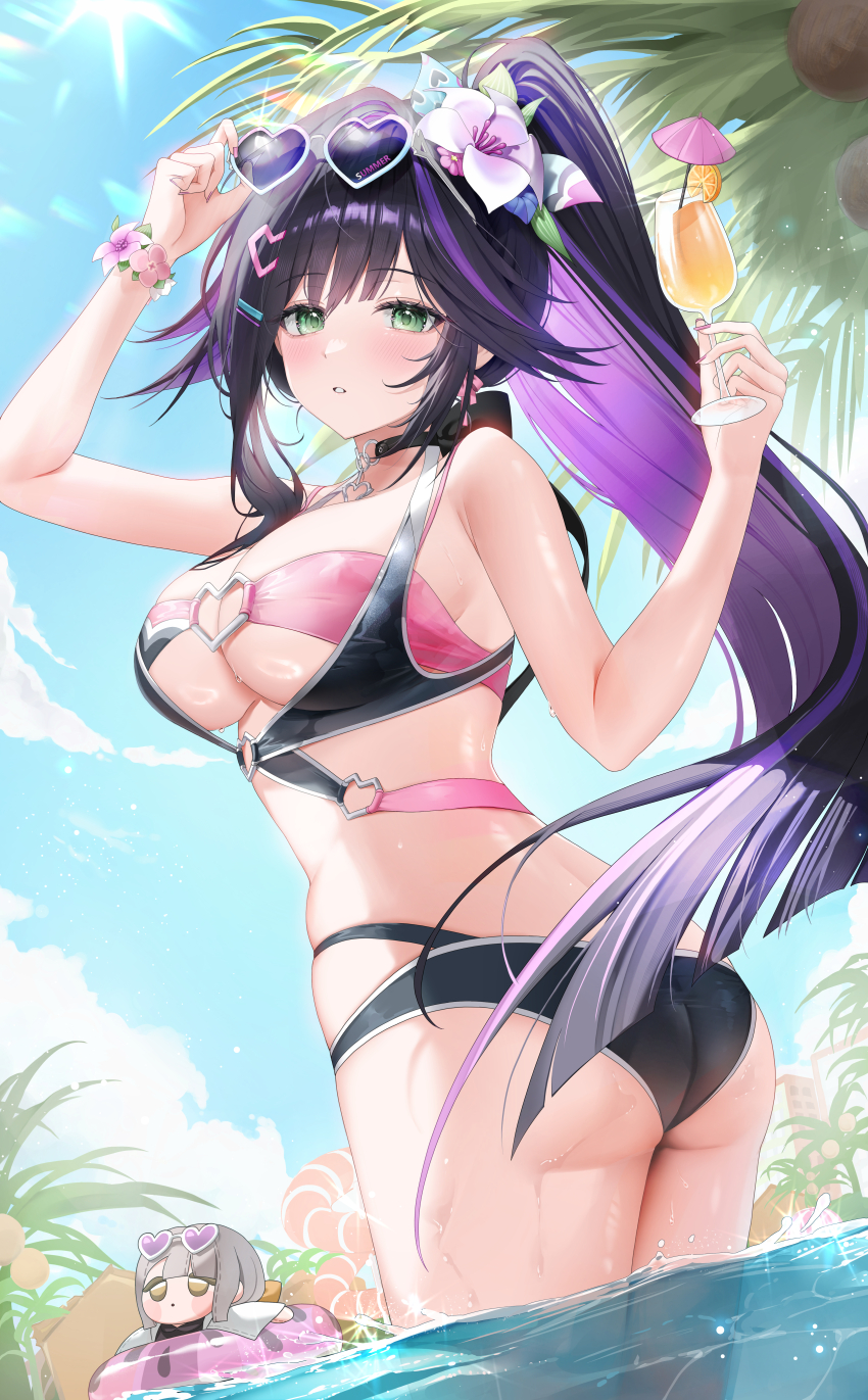 1girl abigail_(black_survival) absurdres adjusting_eyewear arm_up ass back bare_shoulders bikini black_bikini black_choker black_hair black_survival blue_sky blunt_ends blush breasts building character_doll choker cleavage cloud cocktail_glass coconut_tree collarbone colored_inner_hair commentary cup day doll dr._nadja drinking_glass eternal_return:_black_survival eyewear_on_head flower food from_behind from_side fruit glint green_eyes hair_flower hair_ornament hamo_(miyo_rmo2) hand_up heart heart-shaped_eyewear heart_choker heart_hair_ornament heart_o-ring highres holding holding_cup juice large_breasts layered_bikini lens_flare light_particles long_hair looking_at_viewer multicolored_hair o-ring official_alternate_costume orange_(fruit) orange_slice outdoors palm_tree parted_lips pink_bikini pink_flower ponytail purple_flower purple_hair purple_streaks sky solo standing streaked_hair sunlight swept_bangs swim_ring swimsuit thighs tree turning_head underboob very_long_hair wading water wet wrist_flower