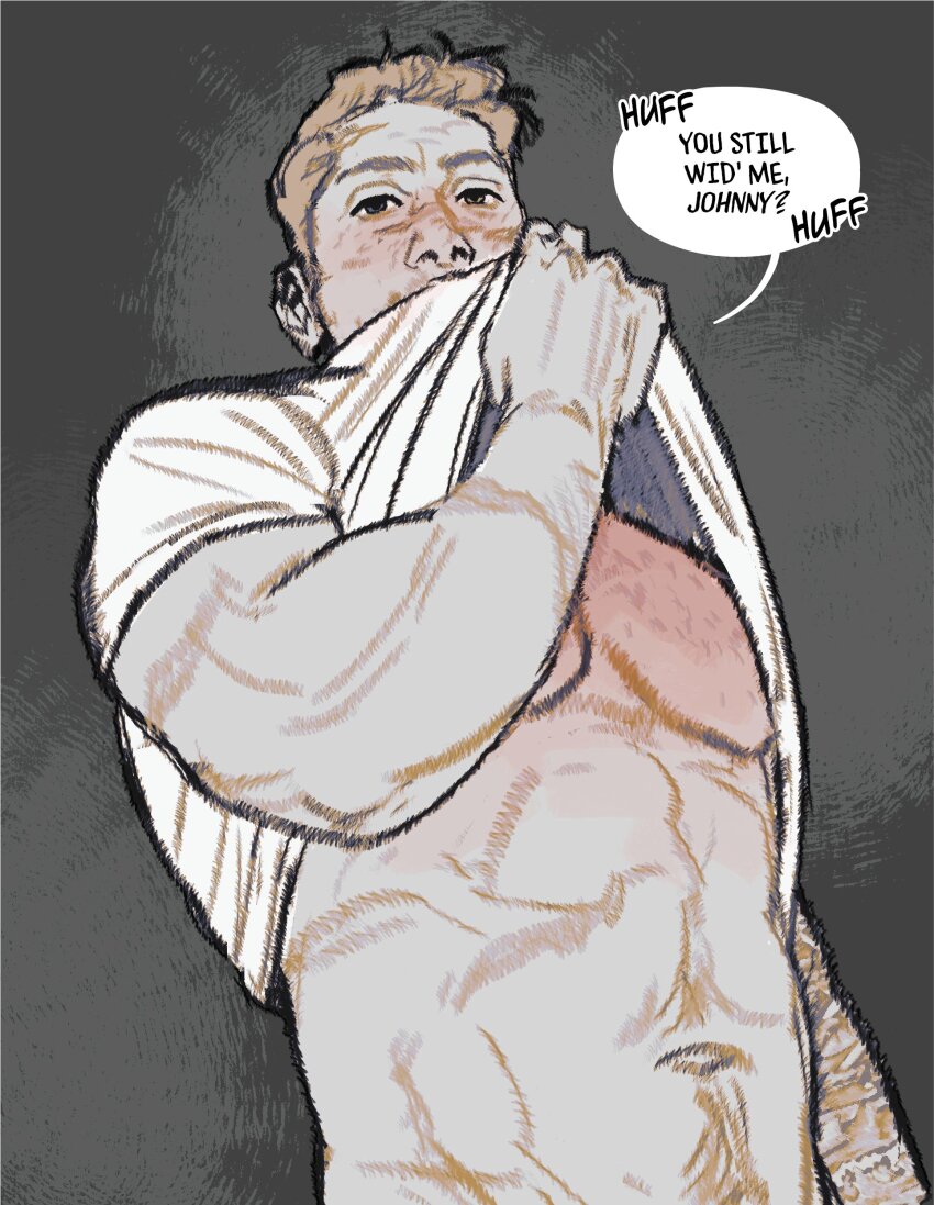 1boy abs absurdres bara blush call_of_duty clothes_lift covering_own_mouth english_text from_below ghost_(modern_warfare_2) guilty_challenge_(meme) hairy hand_in_clothes hand_under_clothes hand_under_shirt highres large_pectorals looking_at_viewer male_focus mature_male meme muscular muscular_male navel no_mask pectorals rustic_(rusticfurnace) seductive_smile shirt shirt_lift smile solo stomach underpec