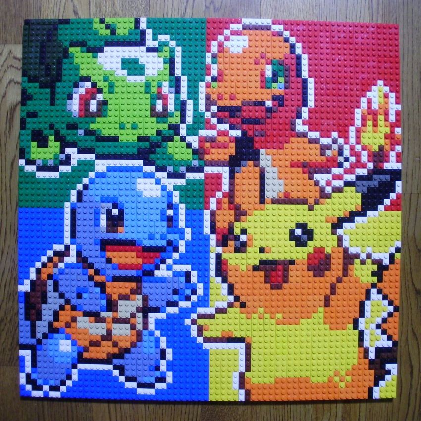 :d black_eyes blue_background brown_eyes bulbasaur charmander closed_mouth fang fiery_tail flame-tipped_tail game_freak gen_1_pokemon green_background green_eyes highres lego lego_(medium) multicolored_background nintendo no_humans open_mouth outline photo_(medium) pikachu pixel_art pokemon pokemon_(creature) red_background red_eyes smile squirtle tail unconventional_media white_outline yellow_background you_rei_(blowback)