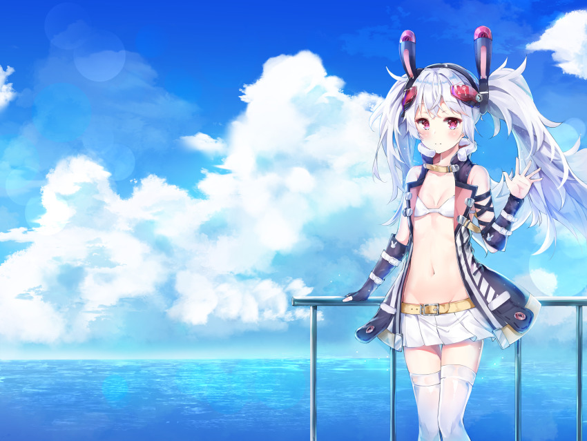 1girl animal_ears azur_lane bikini bikini_top_only bikini_under_clothes fake_animal_ears female_focus fur-trimmed_jacket fur_trim geuyeon hair_between_eyes hairband headgear highres jacket laffey_(azur_lane) laffey_(retrofit)_(azur_lane) midriff miniskirt navel open_clothes open_jacket pink_jacket rabbit_ears red_hairband remodel_(azur_lane) silver_hair skirt sleeveless sleeveless_jacket solo swimsuit thighhighs twintails white_bikini white_skirt white_thighhighs zettai_ryouiki