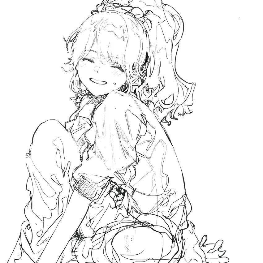 1girl ^_^ aikatsu! aikatsu!_(series) bad_id bad_twitter_id closed_eyes facing_viewer greyscale highres inactive_account jacket knee_up long_hair monochrome open_mouth otoshiro_seira ponytail simple_background sitting smile solo suiso_(owp) sweatdrop track_jacket track_suit white_background