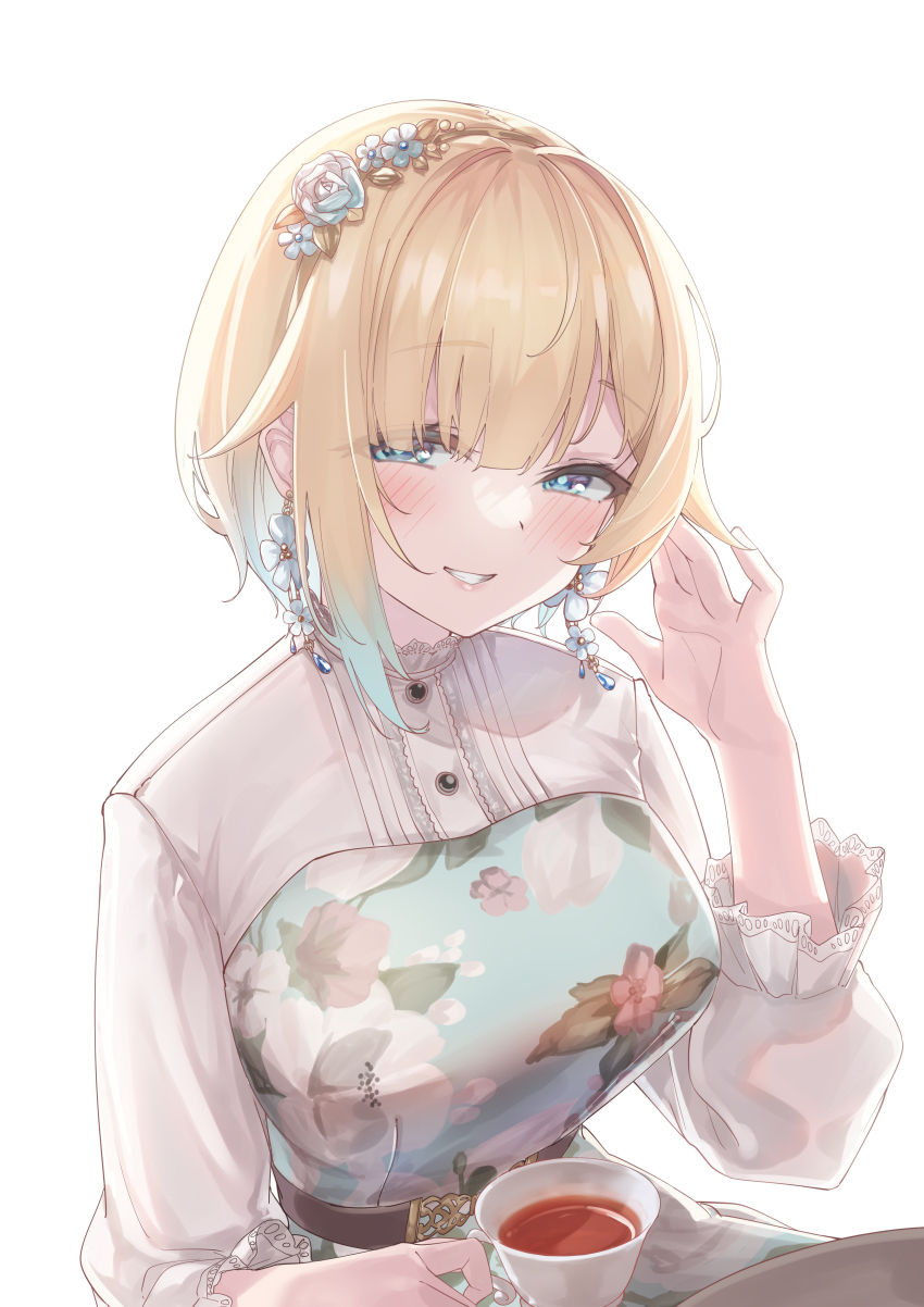 1girl absurdres aizawa_ema aizawa_ema_(3rd_costume) belt blonde_hair blue_eyes blush brown_belt collared_dress cup dress earrings floral_print flower flower_earrings gradient_hair grin hair_flower hair_ornament highres invisible_chair jewelry kurumi_tsuchi lace-trimmed_collar lace-trimmed_sleeves lace_trim light_smile long_dress long_sleeves looking_at_viewer multicolored_hair parted_bangs puffy_long_sleeves puffy_sleeves short_hair simple_background sitting three-quarter_sleeves smile solo table tea teacup upper_body virtual_youtuber vspo! white_background