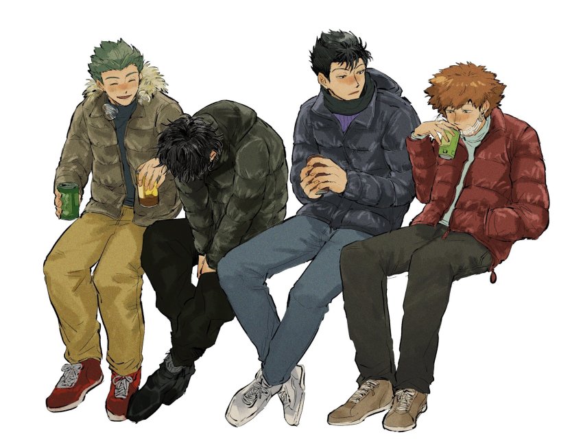 4boys ^_^ bad_id bad_twitter_id black_footwear black_hair black_jacket black_pants blue_pants blush brown_footwear brown_hair brown_jacket can closed_eyes cold crossed_ankles drink_can drinking ear_blush facing_down full_body fur-trimmed_jacket fur_trim giving green_hair hand_in_pocket highres hokari_atsushi holding holding_can hood hood_down hooded_jacket hunched_over invisible_chair jacket kageura_masato laughing lineup long_sleeves looking_at_another looking_to_the_side male_focus mask mask_pull mizukami_satoshi_(world_trigger) mouth_mask multiple_boys murakami_kou nose_blush open_clothes open_jacket own_hands_together pants red_footwear scarf shoes simple_background sitting sneakers socks soda_can spiked_hair torotakudon turtleneck v_arms warming_hands white_background white_footwear winter_clothes world_trigger yellow_pants