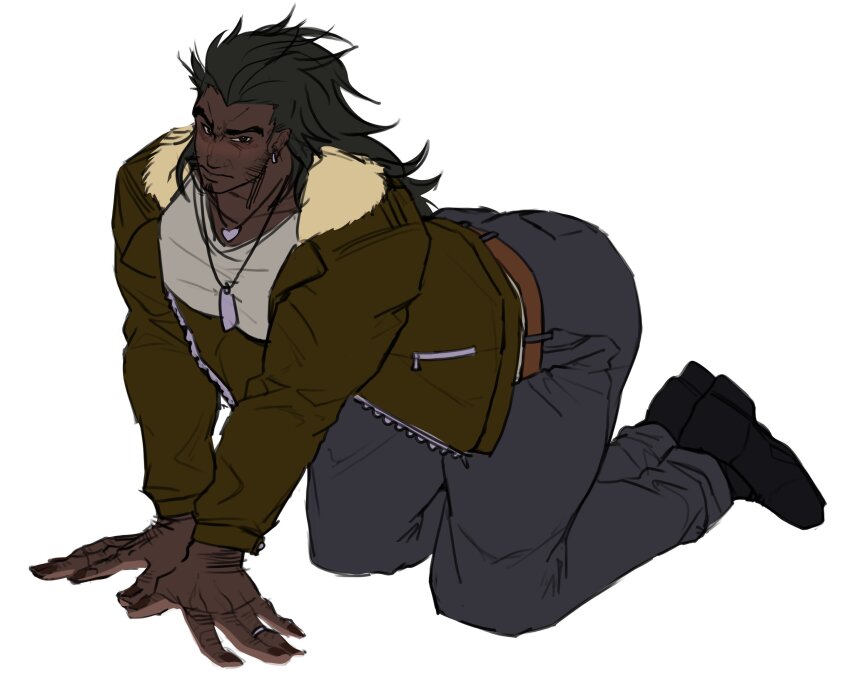 1boy absurdres all_fours alternate_costume alternate_skin_color ass bara dark-skinned_male dark_skin draw_your_babygirl_(meme) full_body hair_slicked_back hand_hair highres hunter_x_hunter large_pectorals long_hair long_sleeves looking_at_viewer male_focus masakuterarr mature_male meme muscular muscular_male pants pectorals simple_background solo sparse_stubble thick_eyebrows uvogin white_background