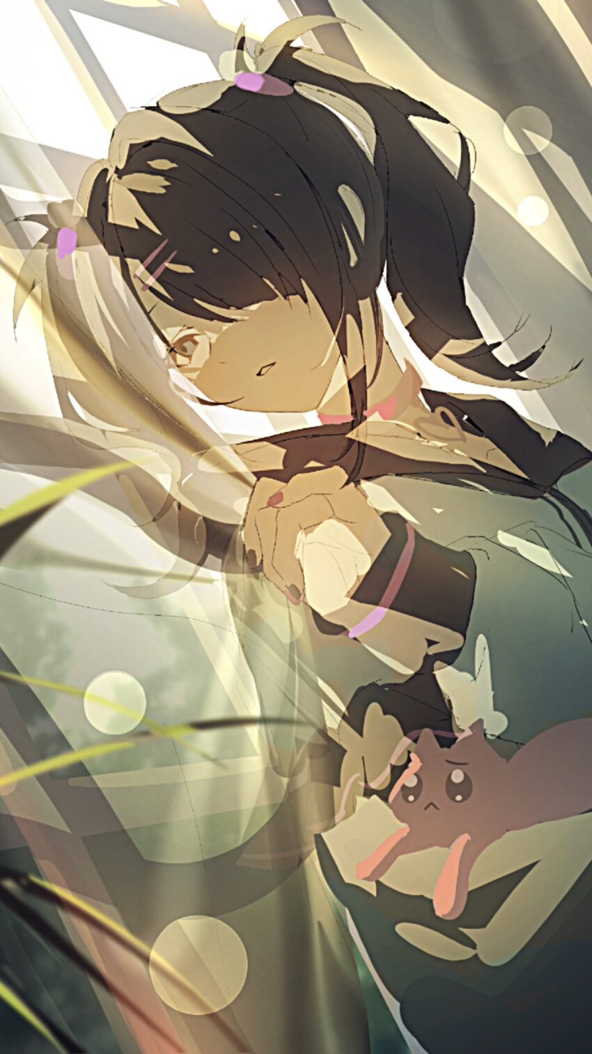1girl ame-chan_(needy_girl_overdose) black_eyes black_hair black_nails blue_jacket cat choker hair_ornament hair_over_one_eye hairclip highres jacket junpaku_karen long_hair nail_polish needy_girl_overdose parted_lips pien_cat_(needy_girl_overdose) pink_choker pink_nails solo twintails