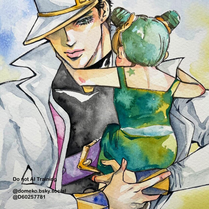 1boy 1girl aged_down birthmark black_hair black_shirt blonde_hair carrying child child_carry coat commentary_request cone_hair_bun d60257781 diamond_wa_kudakenai double_bun dress earrings eyelashes father_and_daughter green_dress green_eyes green_hair hair_bun hat hat_over_one_eye highres hug jewelry joestar_birthmark jojo_no_kimyou_na_bouken kuujou_jolyne kuujou_joutarou lips multicolored_hair painting_(medium) peaked_cap popped_collar purple_vest shirt sleeveless sleeveless_dress star_(symbol) stone_ocean stud_earrings traditional_media turtleneck turtleneck_shirt two-tone_hair vest watercolor_(medium) white_coat white_hat