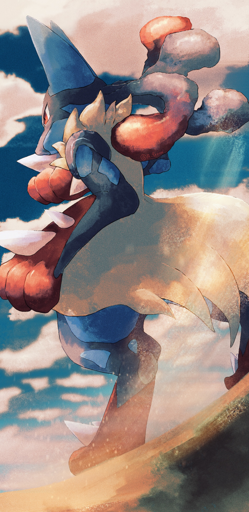 1other a_ferox black_hair cloud commentary furry gen_4_pokemon highres long_hair lucario mega_lucario mega_pokemon multicolored_hair nintendo other_focus pokemon pokemon_(creature) red_eyes red_hair solo spikes standing two-tone_hair