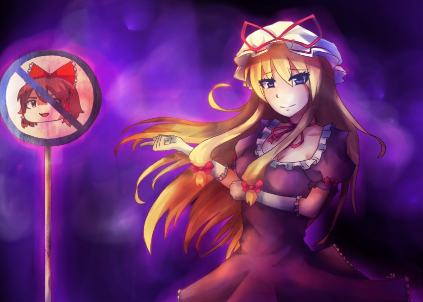 1girl blonde_hair bow brown_hair daigada dress female_focus frills gloves hair_bow hair_tubes hakurei_reimu hat hat_ribbon long_hair pointing puffy_sleeves purple_dress purple_eyes ribbon sign solo touhou white_gloves yakumo_yukari yukkuri_shiteitte_ne