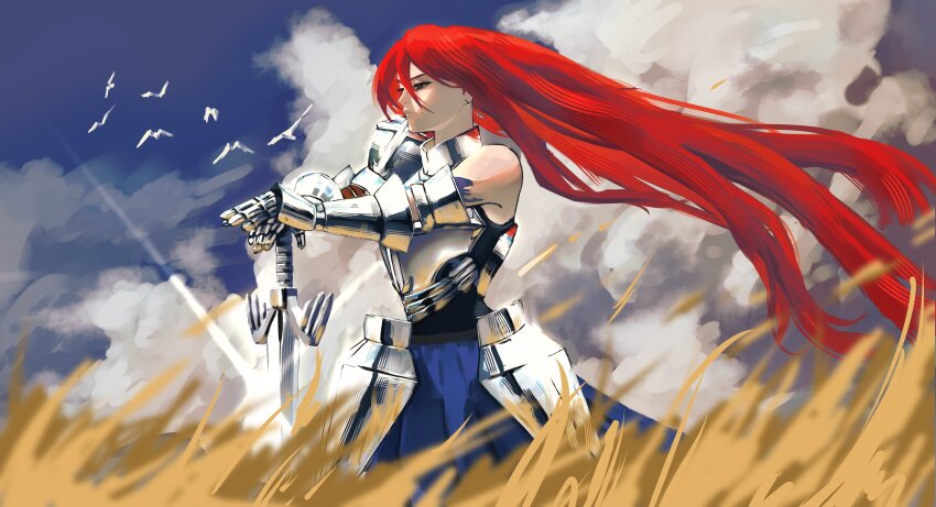 1girl absurdres arm_tattoo armor bird brown_eyes cloud cloudy_sky erza_scarlet fairy_tail fairy_tail_logo haizhefriend highres knight long_hair red_hair sky solo sword tattoo weapon