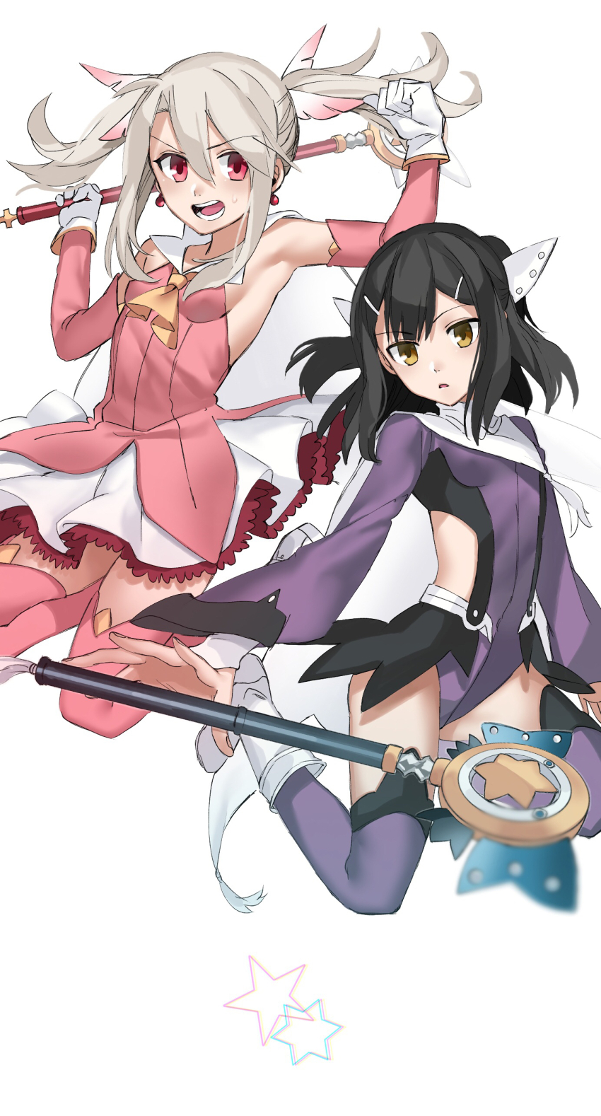 2girls absurdres ameman armpits ascot bare_shoulders black_hair boots breasts cape clenched_hand commentary double-parted_bangs dress earrings elbow_gloves fate/kaleid_liner_prisma_illya fate_(series) feather_hair_ornament feathers frown gloves hair_between_eyes hair_ornament hairclip highres illyasviel_von_einzbern jewelry kaleidostick layered_gloves leotard looking_at_viewer magical_girl magical_ruby magical_sapphire miyu_edelfelt multiple_girls open_mouth pink_boots pink_dress prisma_illya purple_leotard purple_thighhighs red_eyes showgirl_skirt simple_background small_breasts thigh_boots thighhighs twintails white_background white_cape white_footwear white_gloves white_hair yellow_ascot yellow_eyes