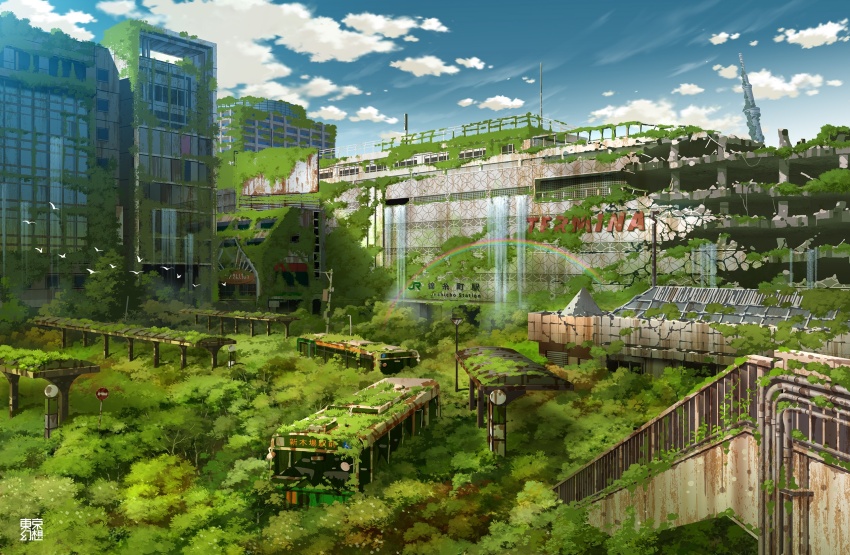 abandoned blue_sky building bus bus_stop cloud commentary_request day dilapidated highres motor_vehicle no_entry_sign no_humans original outdoors overgrown post-apocalypse railing rainbow real_world_location road_sign ruins rust scenery sign signature sky stairs tokyogenso tower tree water waterfall wreckage