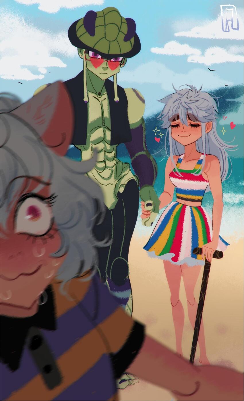 1boy 2girls abs absurdres animal_ears arthropod_boy bare_legs beach blind blue_sky blush cane cat_ears cat_girl closed_eyes cloud cloudy_sky colored_skin day dress french-unicorn green_skin heart heart-shaped_pupils highres holding_hands hunter_x_hunter komugi_(hunter_x_hunter) long_earlobes meruem multiple_girls neferpitou outdoors purple_eyes red-tinted_eyewear red_eyes sky sleeveless sleeveless_dress smile striped_clothes striped_dress sweat symbol-shaped_pupils tinted_eyewear water