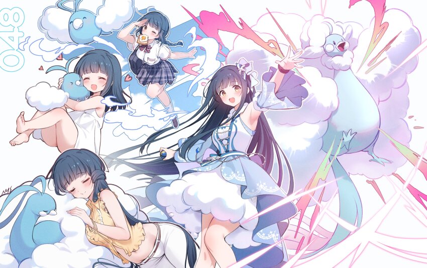 &gt;_&lt; 1girl ^_^ absurdres age_progression altaria animal animal_hug armpits blush bread bread_slice child closed_eyes crossover detached_sleeves flying food food_in_mouth gen_3_pokemon green_hair hashtag-only_commentary heart highres idolmaster idolmaster_million_live! kitakami_reika leaning_on_animal long_hair looking_at_viewer mega_altaria mega_pokemon mouth_hold multiple_views nintendo nys pokemon pokemon_(creature) school_uniform sleeping smile swablu toast toast_in_mouth very_long_hair