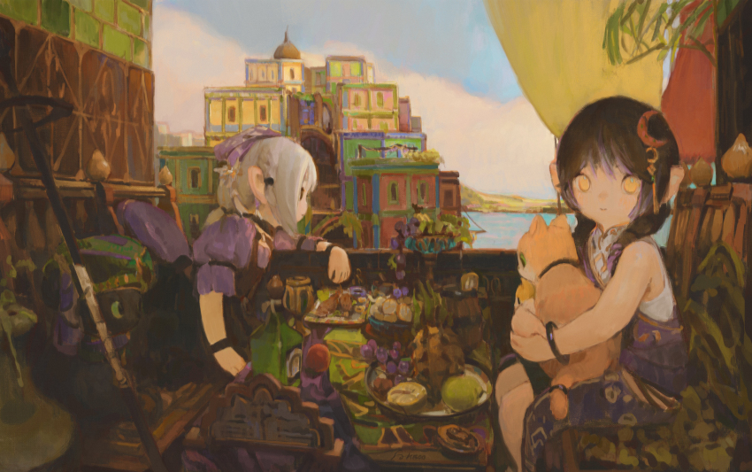 2girls absurdres architecture bare_shoulders black_hair blue_sky cat character_request crescent crescent_hair_ornament expressionless final_fantasy final_fantasy_xiv food fruit grey_hair hair_ornament highres lalafell looking_at_viewer multiple_girls pointy_ears scenery shacoco sitting sky table yellow_eyes