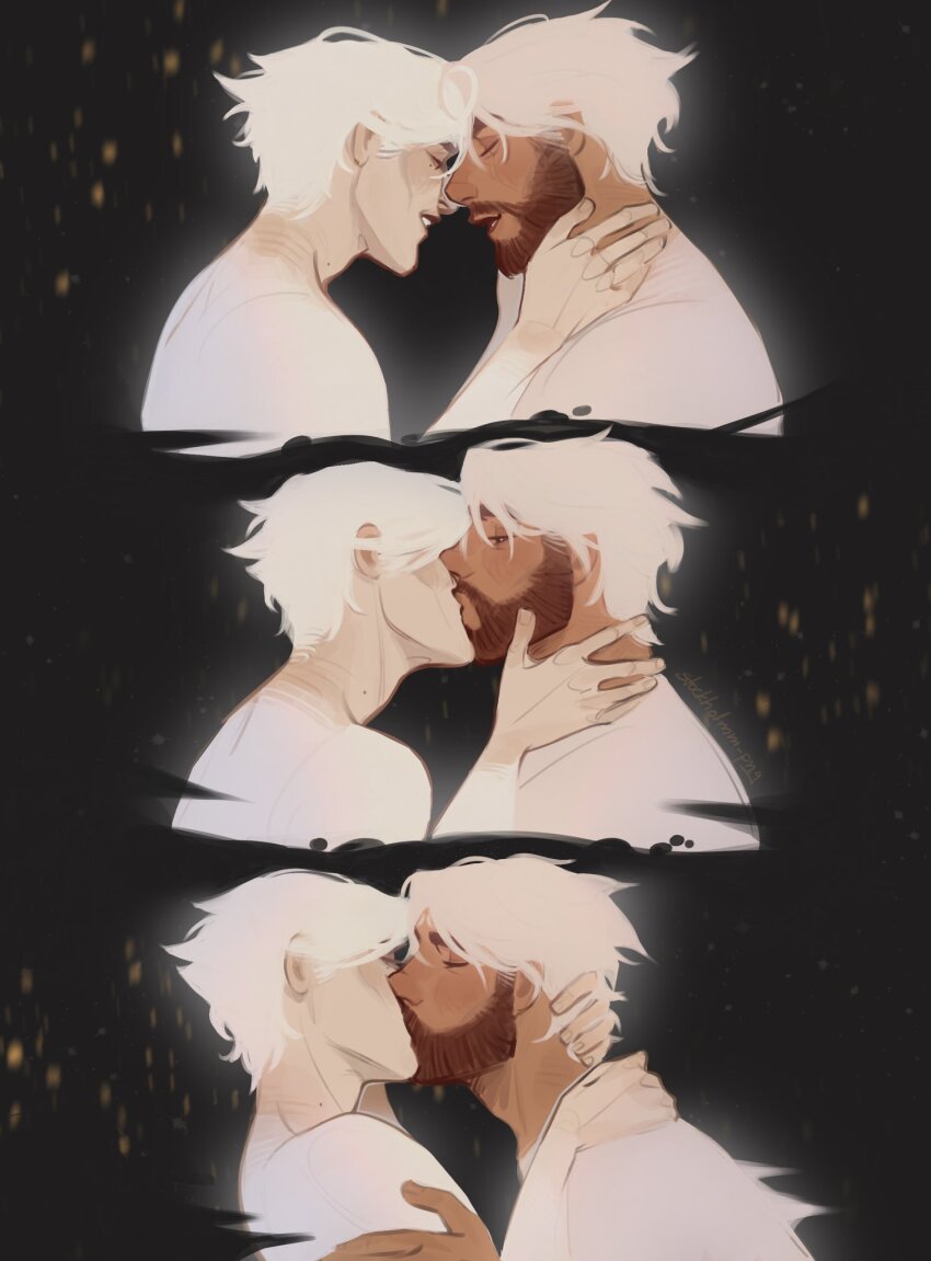 2boys arcane:_league_of_legends arcane_survivor_jayce beard closed_eyes closed_mouth colored_skin commentary facial_hair from_side hand_on_another&#039;s_neck hashtag-only_commentary highres kiss league_of_legends looking_at_another male_focus multiple_boys nude parted_lips profile sequential smile stockholmm_png symbol-only_commentary teeth viktor_(arcane) viktor_(league_of_legends) white_skin yaoi