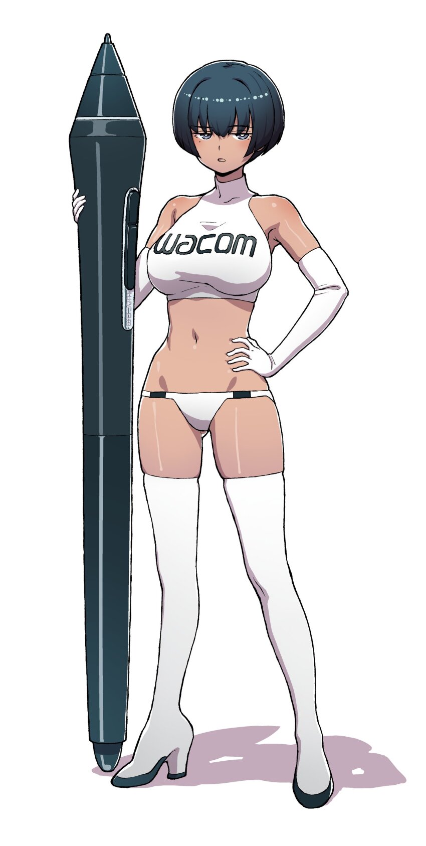 1girl absurdres artist_request breasts dark-skinned_female dark_skin groin highres large_breasts pen short_hair tagme