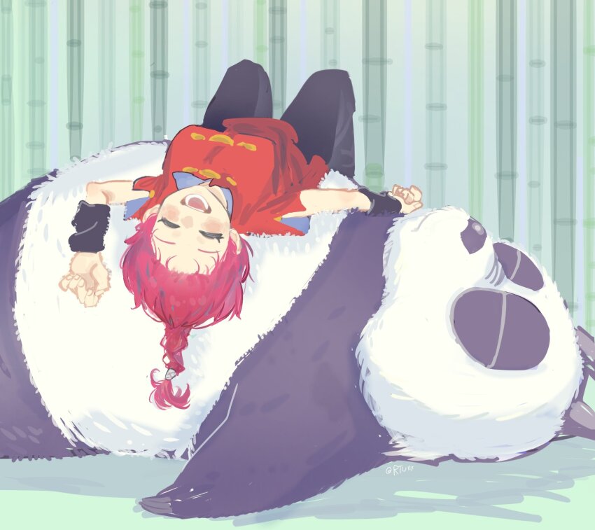 1girl braid braided_ponytail breasts chinese_clothes closed_eyes happy highres on_floor open_mouth panda ranma-chan ranma_1/2 red_hair rtu119 saotome_genma_(panda) size_difference tangzhuang twitter_username