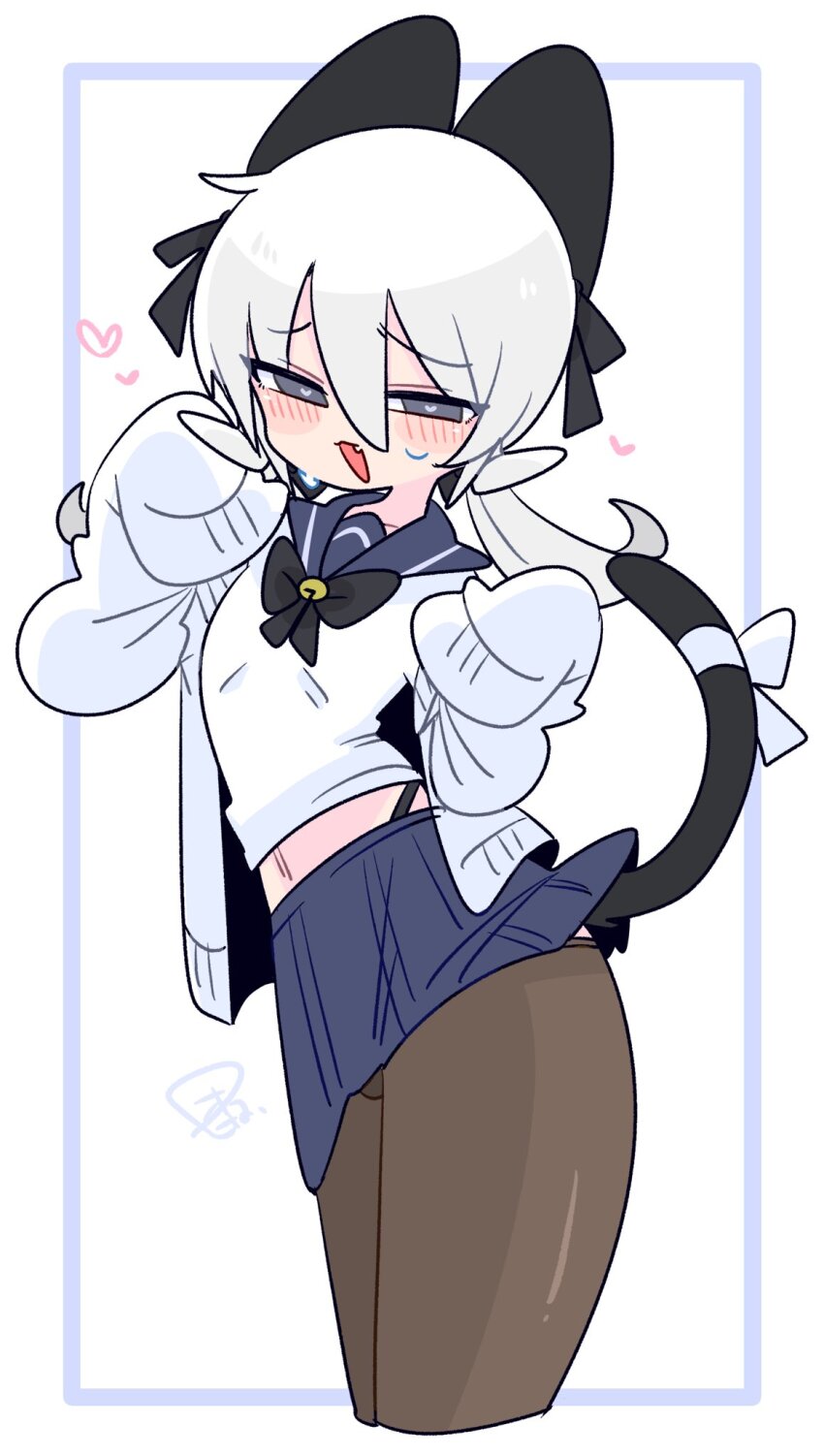 1boy arched_back bell black_bow black_bowtie black_panties black_pantyhose black_tail blue_sailor_collar blue_skirt blush bow bowtie bulge cardigan cat_tail commentary contrapposto cowboy_shot cropped_shirt crossdressing crossdressing_(mtf) fang flipped_hair grey_eyes hair_between_eyes hair_bow hands_up heart heart-shaped_pupils highleg highleg_panties highres jingle_bell large_bow long_sleeves looking_at_viewer low_twintails male_focus midriff miniskirt narrowed_eyes navel neck_bell no_nose op_na_yarou open_cardigan open_clothes open_mouth original ose_(op_na_yarou) panties panty_straps pantyhose pleated_skirt raised_inner_eyebrows sailor_collar school_uniform serafuku shirt short_hair sidelocks simple_background skin_fang skirt sleeves_past_fingers sleeves_past_wrists solo standing sweatdrop symbol-shaped_pupils tail tail_bow tail_ornament trap twintails underwear watermark white_background white_bow white_cardigan white_hair white_shirt