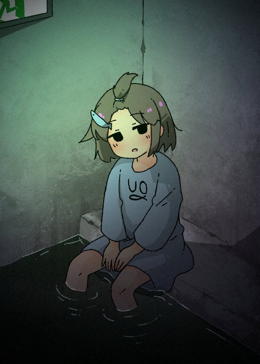 1girl animal_print black_eyes blue_shirt brown_hair commentary exit_sign fish_hair_ornament fish_print hair_ornament highres indoors jitome kani_aji looking_at_viewer open_mouth original shirt sitting soaking_feet solo symbol-only_commentary text_print topknot water
