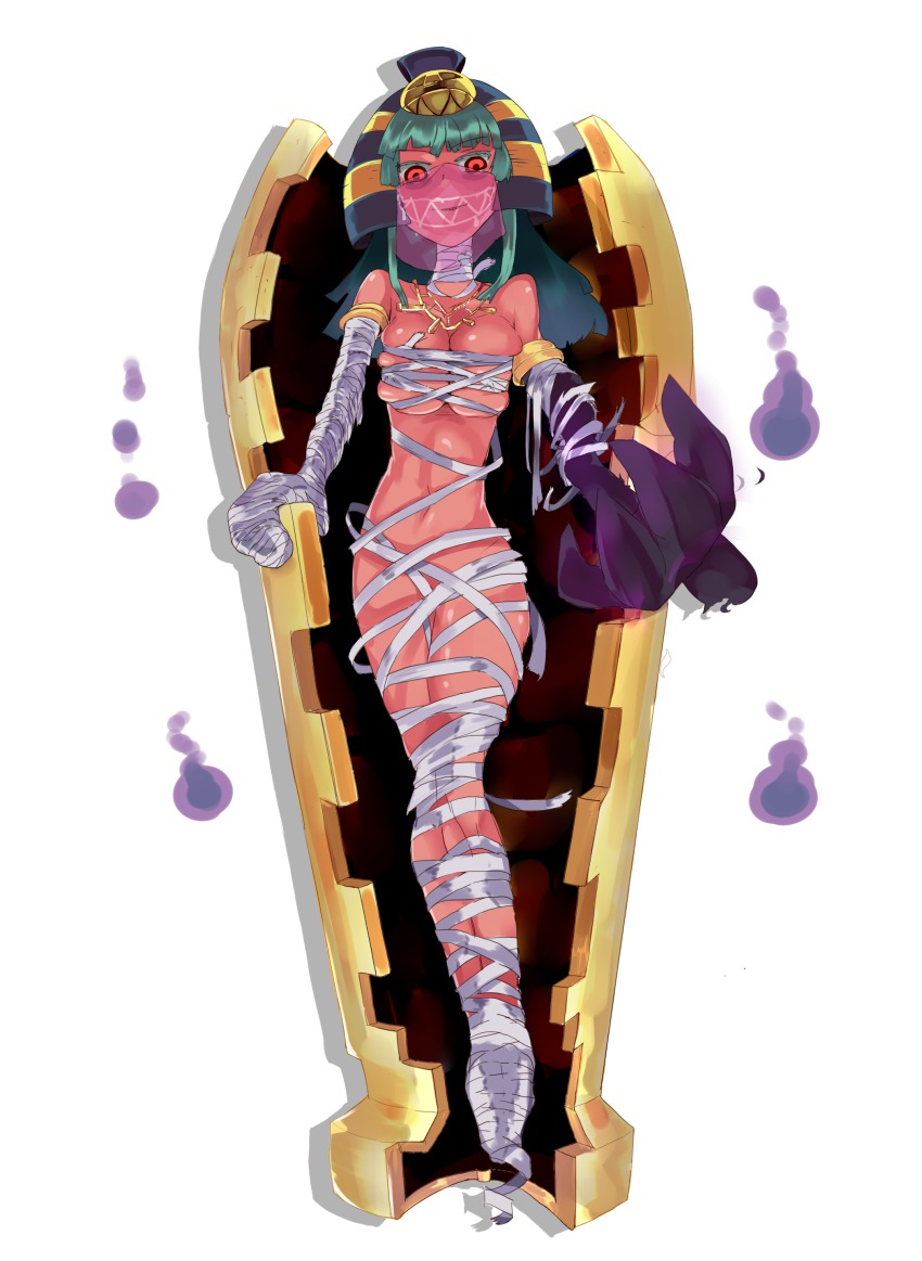 10s 1girl absurdres ancient_egyptian breasts cofagrigus coffin colored_eyelashes costume eyelashes female_focus gen_5_pokemon green_hair highres jewelry large_breasts mummy necklace nemes nintendo personification pokemon pokemon_bw red_eyes solo taichi_(tomo) veil