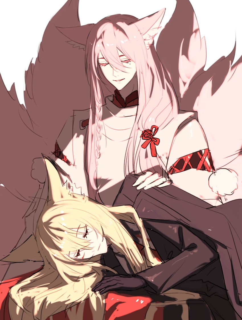 1boy 1girl absurdres animal_ear_fluff animal_ears arknights black_coat black_gloves black_jacket blonde_hair braid chinese_commentary closed_eyes closed_mouth coat coat_on_shoulders design_speculation facial_scar feet_out_of_frame fox_boy fox_ears fox_girl fox_tail gloves hair_over_shoulder hand_on_another&#039;s_shoulder highres husband_and_wife jacket japanese_clothes kariginu kimono kitsune kyuubi lap_pillow long_hair long_sleeves low-tied_long_hair lying mole mole_under_eye multiple_tails nanxing_buye on_side parted_lips pink_hair red_kimono scar scar_on_cheek scar_on_face side_braid simple_background sitting smile suzuran&#039;s_father_(arknights) tail upper_body vulpisfoglia_(arknights) white_background wide_sleeves
