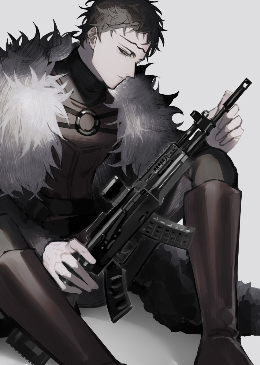 1boy absurdres assault_rifle belt belt_buckle black_clover black_hair black_pants black_shirt boots brown_boots brown_vest buckle chest_strap coat expressionless facial_mark frit_2 fur_coat fur_collar gun high_collar highres holding holding_gun holding_weapon knee_boots knee_up leather leather_vest male_focus messy_hair narrowed_eyes o-ring pants rifle shadow shirt short_hair sideways_glance sideways_mouth simple_background sitting solo spread_legs vest weapon zenon_zogratis