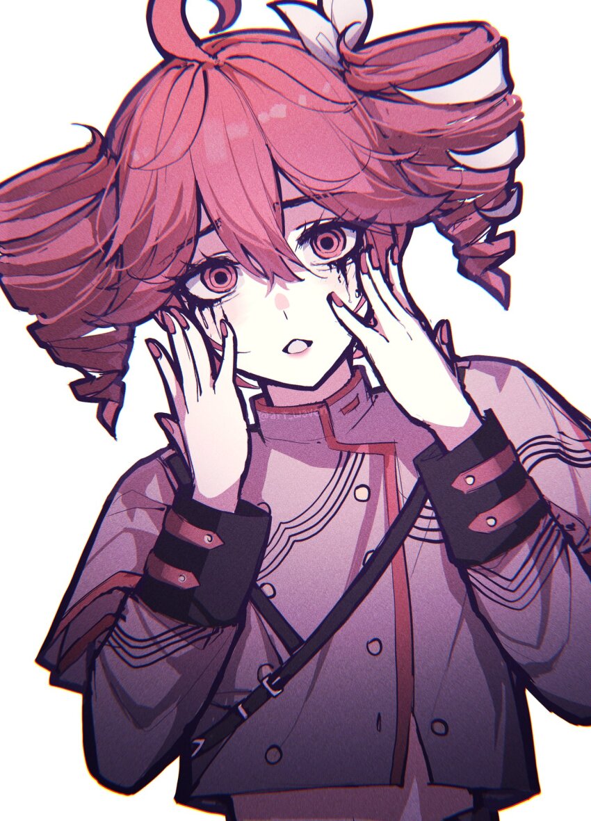 1girl ahoge art_waven black_sleeve_cuffs bow buttons chromatic_aberration colored_inner_hair crop_top cropped_jacket double-breasted double-parted_bangs drill_hair film_grain grey_jacket hair_between_eyes hair_bow hands_on_own_cheeks hands_on_own_face hashtag-only_commentary head_tilt highres jacket kasane_teto kasane_teto_(sv) layered_sleeves lips long_sleeves looking_at_viewer makeup medium_hair midriff multicolored_hair musical_staff musical_staff_print pale_skin parted_lips red_eyes red_hair red_nails red_trim ringed_eyes runny_makeup short_over_long_sleeves short_sleeves solo straight-on synthesizer_v turtleneck turtleneck_jacket twin_drills twitter_username upper_body utau white_bow