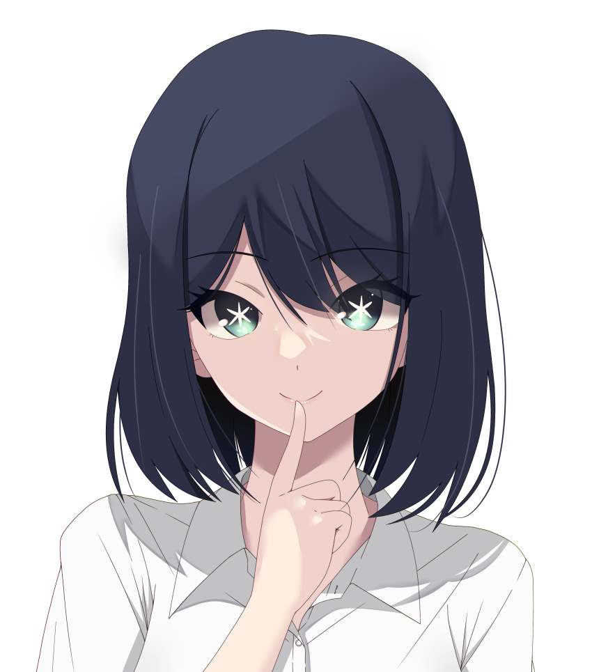1girl absurdres aqua_eyes blue_hair closed_mouth collared_shirt commentary green_eyes hair_between_eyes highres index_finger_raised kaon_zz kurokawa_akane medium_hair mismatched_pupils no_neckwear no_pupils oshi_no_ko revision shirt simple_background solo star-shaped_pupils star_(symbol) swept_bangs symbol-shaped_pupils upper_body white_background white_shirt