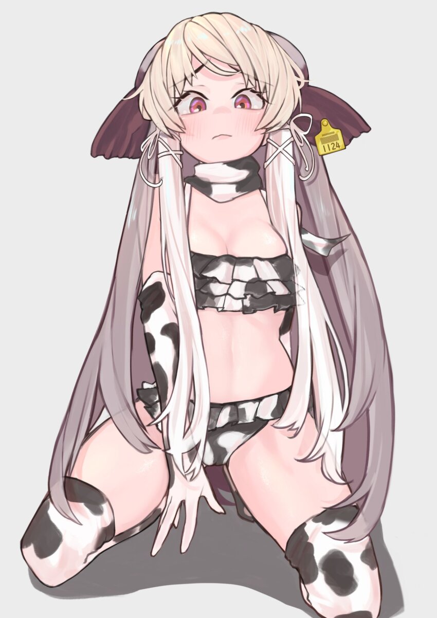 1girl a888_n22 adapted_costume animal_print bare_shoulders bikini blonde_hair blush brown_hair commission cow_print elbow_gloves frilled_bikini frills gloves highres kemono_friends kneeling long_hair looking_at_viewer midriff multicolored_hair orange_eyes print_bikini print_gloves print_scarf print_thighhighs scarf sidelocks sitting skeb_commission swimsuit thighhighs walrus_(kemono_friends) wariza