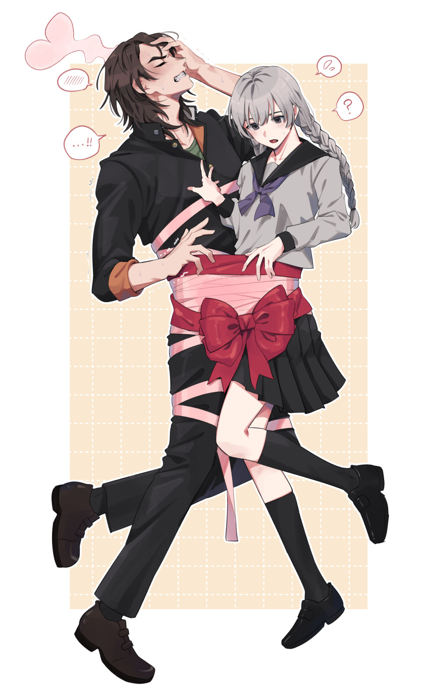 ! !! 2boys ? absurdres black_footwear black_jacket black_skirt black_socks blush bow braid brown_hair couple crossdressing elulit2 embarrassed entangled full_body gakuran green_undershirt grey_serafuku hand_on_another&#039;s_chest hand_on_own_forehead highres hijiyama_takatoshi jacket juusan_kihei_bouei_ken kneehighs long_hair long_sleeves male_focus multiple_boys neckerchief okino_tsukasa pink_ribbon pleated_skirt purple_neckerchief red_bow red_ribbon ribbon school_uniform serafuku simple_background skirt socks trap twin_braids white_hair wig