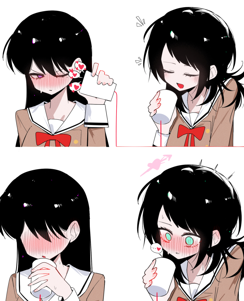 2girls aqua_eyes arrow_through_heart bang_dream! bang_dream!_it&#039;s_mygo!!!!! black_hair blush bow bowtie brown_dress closed_eyes commentary_request dress full-face_blush hanasakigawa_school_uniform heart highres long_hair mole mole_under_eye multiple_girls one_eye_closed open_mouth parted_lips purple_eyes red_bow red_bowtie sailor_collar sailor_dress school_uniform shiina_taki simple_background smile spoken_heart white_background white_sailor_collar yahata_umiri yuri zikiki1092