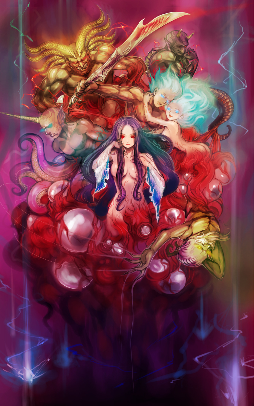 2girls 5boys absurdres beard blue_eyes bokuohn canon_genderswap dantarg everyone facial_hair fins genderswap genderswap_(mtf) glowing glowing_eyes highres horns kujinshi long_hair monster moreshan multiple_boys multiple_girls noel_(romancing_saga_2) noel_(saga) red_eyes rocbouquet rocbouquet_(saga) romancing_saga romancing_saga_2 saga square_enix subier sword tentacles the_seven_heroes wagnas weapon yellow_eyes