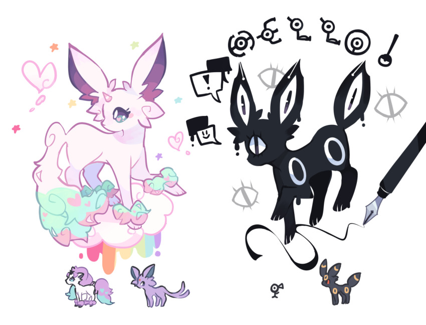 ! charamells creature espeon from_side full_body fusion galarian_form galarian_ponyta gen_2_pokemon gen_8_pokemon heart horns multiple_fusions nintendo no_humans pokemon pokemon_(creature) profile simple_background single_horn spoken_exclamation_mark standing umbreon unicorn unown unown_! unown_e unown_f unown_h unown_l unown_o white_background
