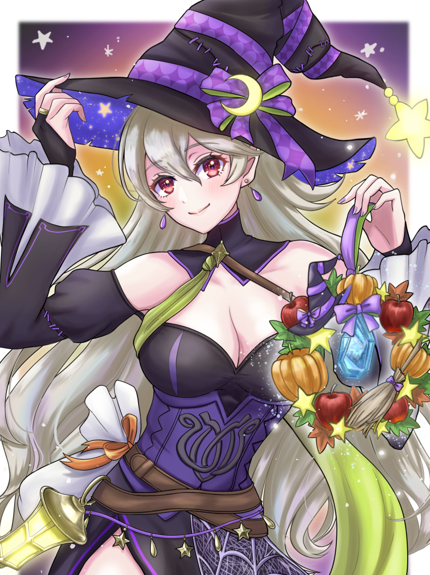 1girl absurdres bare_shoulders belt black_dress black_hat blush breasts brown_belt cleavage commentary corrin_(female)_(fire_emblem) corrin_(female)_(halloween)_(fire_emblem) crossed_belts detached_sleeves dress earrings english_commentary fingernails fire_emblem fire_emblem_fates fire_emblem_heroes grey_hair hair_between_eyes halloween halloween_costume hat highres jewelry kousetu0506 long_hair looking_at_viewer medium_breasts nintendo official_alternate_costume pointy_ears purple_nails red_eyes smile solo witch witch_hat
