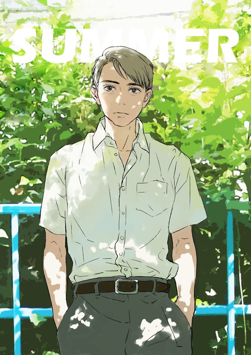 1boy belt black_belt blonde_hair blue_eyes breast_pocket buttons captain_america_(series) closed_mouth collarbone collared_shirt cowboy_shot day english_text fence grey_pants hands_in_pockets highres leaf looking_at_viewer male_focus malkogromit marvel outdoors pants pocket shadow shirt short_hair short_sleeves sky solo standing steve_rogers white_shirt white_sky