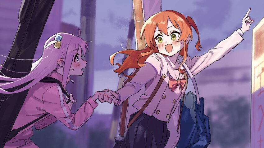 2girls :d ahoge bag black_skirt blue_eyes blush bocchi_the_rock! bow bowtie brown_sailor_collar brown_shirt city cowboy_shot cube_hair_ornament gotoh_hitori green_eyes guitar_case hair_between_eyes hair_ornament hashtag-only_commentary highres holding_hands in_shadow instrument_case instrument_case_on_back jacket kita_ikuyo long_hair long_sleeves looking_at_another looking_back mitu124521821 multiple_girls one_side_up open_mouth outdoors pants pink_hair pink_jacket pink_pants pleated_skirt red_bow red_bowtie red_hair sailor_collar school_uniform serafuku shirt shoulder_bag shuka_high_school_uniform sidelocks skirt smile sweatdrop track_jacket track_pants upper_body