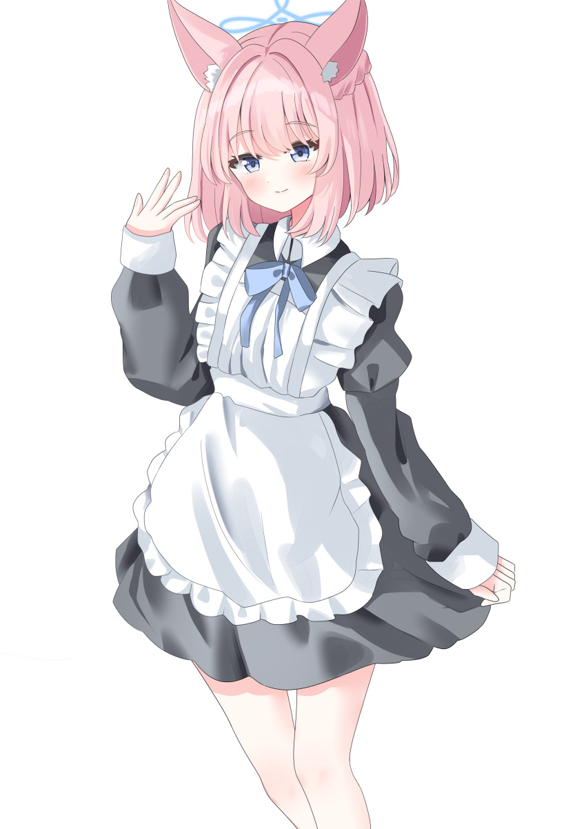 1girl absurdres alternate_costume alternate_hairstyle animal_ear_fluff animal_ears apron black_dress blue_archive blue_bow blue_bowtie blue_eyes blue_halo bow bowtie braid breasts closed_mouth commentary dress enmaided feet_out_of_frame fox_ears fox_girl frilled_apron frills hair_between_eyes half_up_braid halo hand_up highres juliet_sleeves long_sleeves looking_at_viewer maid maid_apron medium_hair niko_(blue_archive) pink_hair puffy_sleeves sitting_on_water smile solo split_mouth standing straight_hair white_apron yuzuline2080
