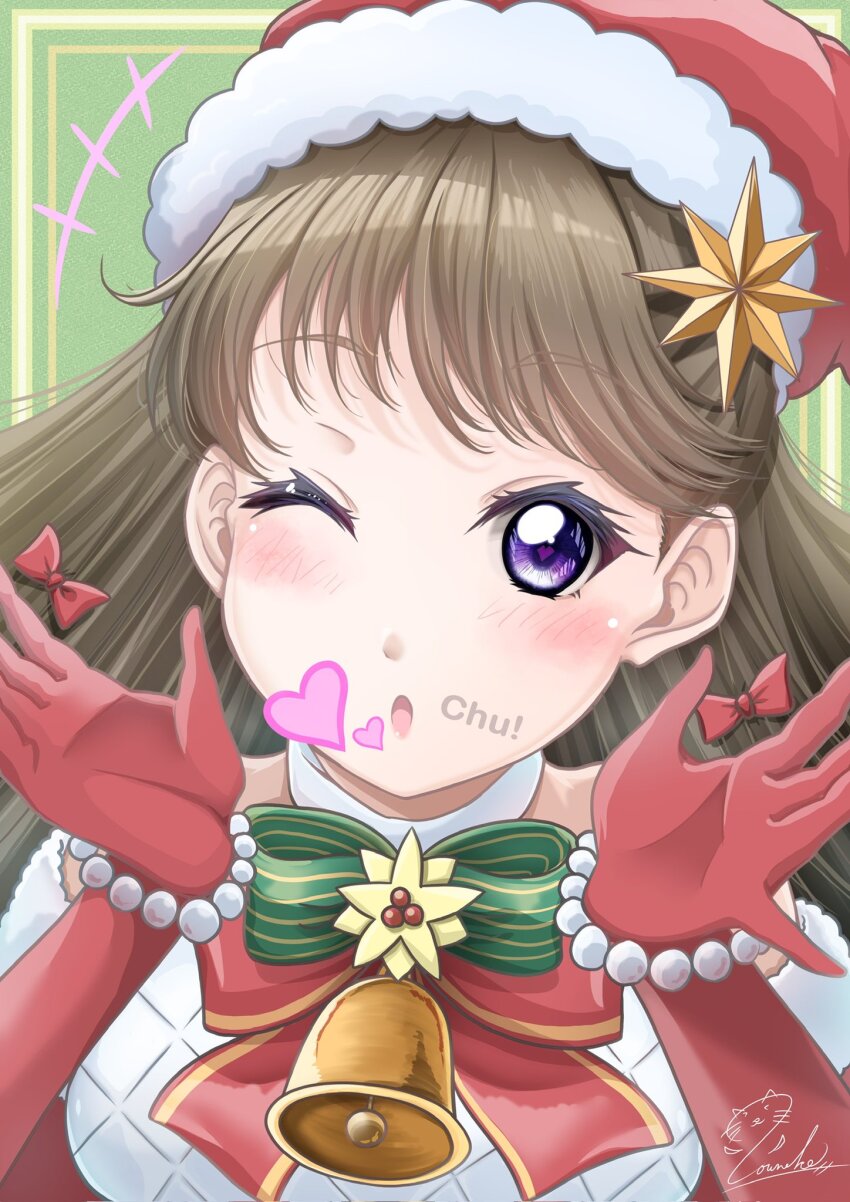 +++ 1girl ;o bell blowing_kiss blush breasts brown_hair commentary_request dress elbow_gloves fujishima_megumi gloves green_background green_ribbon hair_ornament half_updo hat highres large_breasts link!_like!_love_live! long_hair looking_at_viewer love_live! neck_bell official_alternate_costume one_eye_closed pinstripe_ribbon purple_eyes red_gloves red_hat ribbon santa_hat secret_christmas_(love_live!) signature solo souneko_123 star_(symbol) star_hair_ornament upper_body virtual_youtuber white_dress