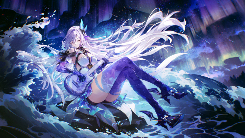 1girl breasts closed_eyes commentary crossed_legs dress facing_to_the_side floating_hair genshin_impact guitar high_heels highres holding holding_guitar holding_instrument instrument kyusoukyu large_breasts long_hair prosthesis prosthetic_arm prosthetic_leg sitting skirk_(genshin_impact) solo very_long_hair water white_dress white_hair