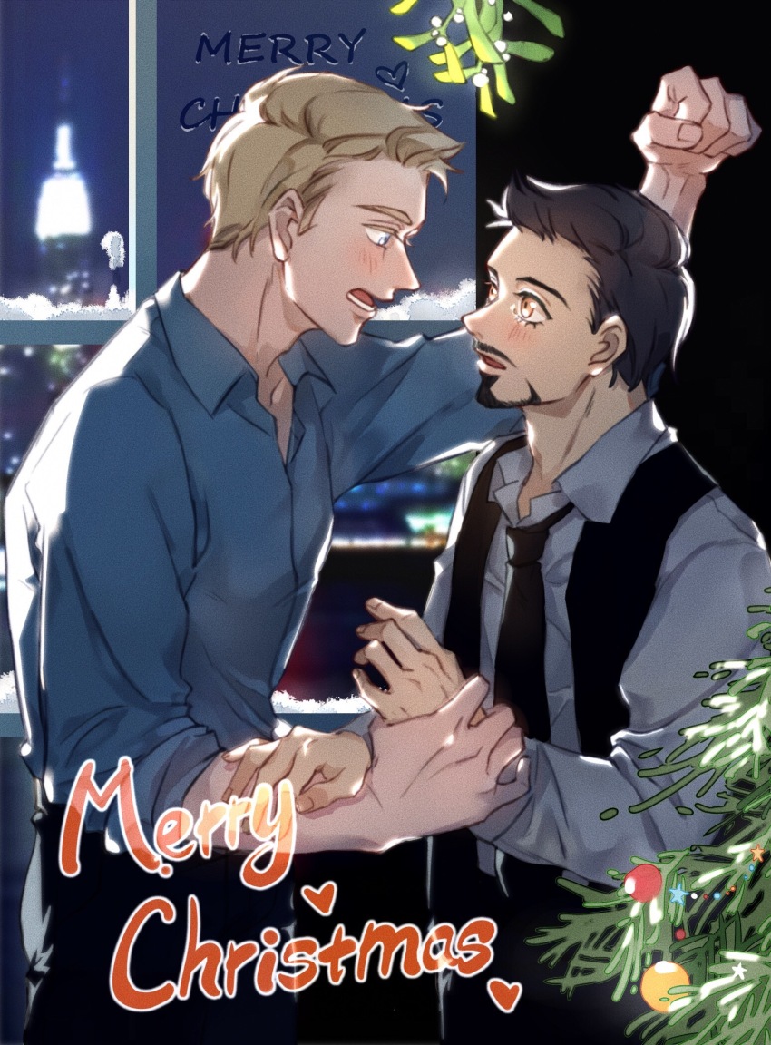 2boys animification avengers_(series) black_hair black_necktie black_pants black_vest blonde_hair blue_eyes blue_shirt blurry blurry_background blush chinese_commentary christmas christmas_tree city clenched_hand collared_shirt commentary_request cowboy_shot english_text facial_hair fingernails grey_shirt heart highres holding_another&#039;s_wrist indoors long_sleeves looking_at_another male_focus marvel marvel_cinematic_universe merry_christmas mistletoe multiple_boys necktie night open_clothes open_mouth open_vest orange_eyes pants shirt short_hair snow standing star_(symbol) steve_rogers teeth tony_stark tower vest window yaoi yizilu699
