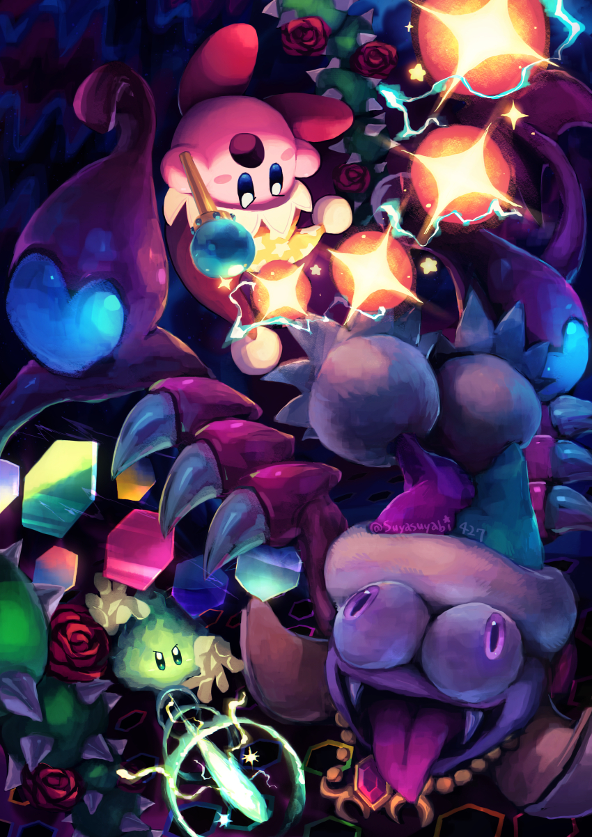 absurdres battle beam_kirby blush_stickers claws commentary_request disembodied_hand electricity fangs flower hat highres holding holding_staff jester_cap jewelry kirby kirby_(series) kirby_super_star_ultra marx_(kirby) marx_soul nintendo no_humans open_mouth pendant plasma_wisp pom_pom_(clothes) purple_eyes rose sparkle staff star_(symbol) suyasuyabi thorns tongue tongue_out wall-eyed