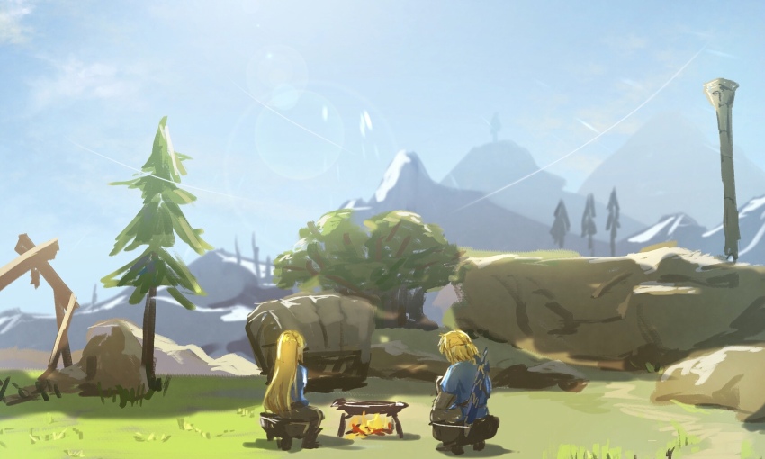 1boy 1girl blonde_hair blue_sky blue_tunic chair champion&#039;s_tunic_(zelda) commentary_request cooking_pot from_behind highres layered_sleeves link long_hair long_sleeves master_sword medium_hair mountainous_horizon nintendo princess_zelda short_over_long_sleeves short_sleeves sitting sketch sky sword sword_on_back tete_tuyuten the_legend_of_zelda the_legend_of_zelda:_breath_of_the_wild tree tunic wagon weapon weapon_on_back