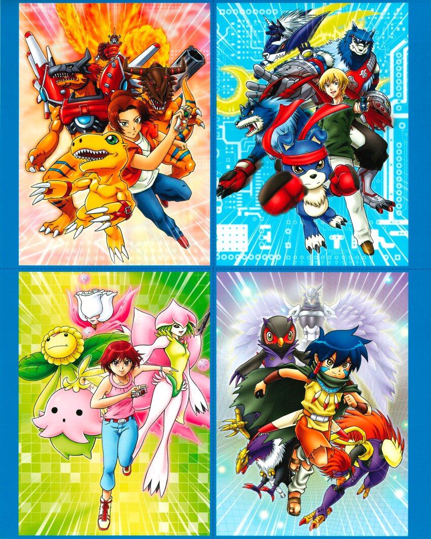absurdres agumon_(digimon_savers) cape covered_eyes daimon_masaru_(digimon_savers) digimon digimon_(creature) digimon_savers fairy falcomon_(digimon_savers) flower fujieda_yoshino gaogamon gaomon geogreymon highres lalamon leaf lilamon machgaogamon mask miragegaogamon miragegaogamon_burst_mode monster_girl noguchi_ikuto open_mouth peckmon petals pink_eyes pink_hair plant plant_girl ravmon ravmon_burst_mode rizegreymon rosemon rosemon_burst_mode shinegreymon shinegreymon_burst_mode short_hair sunflower sunflowmon tail thoma_h._norstein yatagaramon_(digimon_savers)