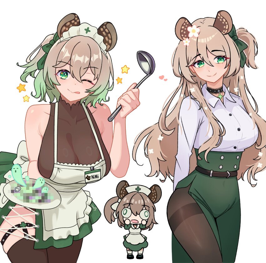1girl absurdres animal_ears apron bare_arms belt black_pantyhose breasts brown_hair buttons censored chibi choker cleavage collarbone covered_collarbone double-breasted ginotty gradient_hair green_eyes green_hair hair_between_eyes hair_ribbon hat headdress highres holding indie_virtual_youtuber large_breasts looking_at_viewer mosaic_censoring multicolored_hair multiple_views name_tag nimi_nightmare nurse_cap one_eye_closed one_side_up pantyhose plate red_ribbon ribbon see-through_cleavage see-through_clothes side_ponytail side_slit simple_background skindentation smile star_(symbol) thighhighs tongue tongue_out two-tone_hair virtual_youtuber white_background