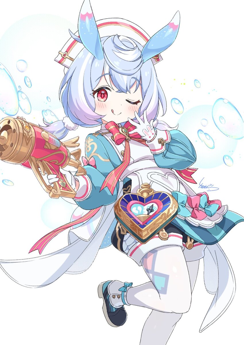 1girl ;q animal_ears apron aqua_bow aqua_shirt artist_name black_shoes black_shorts blue_hair blush bow bowtie broken_heart brooch bubble buttons closed_mouth commentary_request crossed_bangs eyelashes genshin_impact gloves gradient_hair gun hair_between_eyes hair_ornament hand_up handgun hat heart highres holding holding_gun holding_weapon jewelry kamuraaa_615 leg_up long_sleeves looking_at_viewer low_twintails medium_hair multicolored_hair nurse_cap one_eye_closed pantyhose pink_bow pom_pom_(clothes) pom_pom_hair_ornament puffy_long_sleeves puffy_shorts puffy_sleeves purple_hair red_bow red_bowtie red_eyes shirt shoes short_shorts shorts sidelocks sigewinne_(genshin_impact) signature simple_background smile solo split_mouth tail tongue tongue_out twintails weapon white_apron white_background white_gloves white_hat white_pantyhose