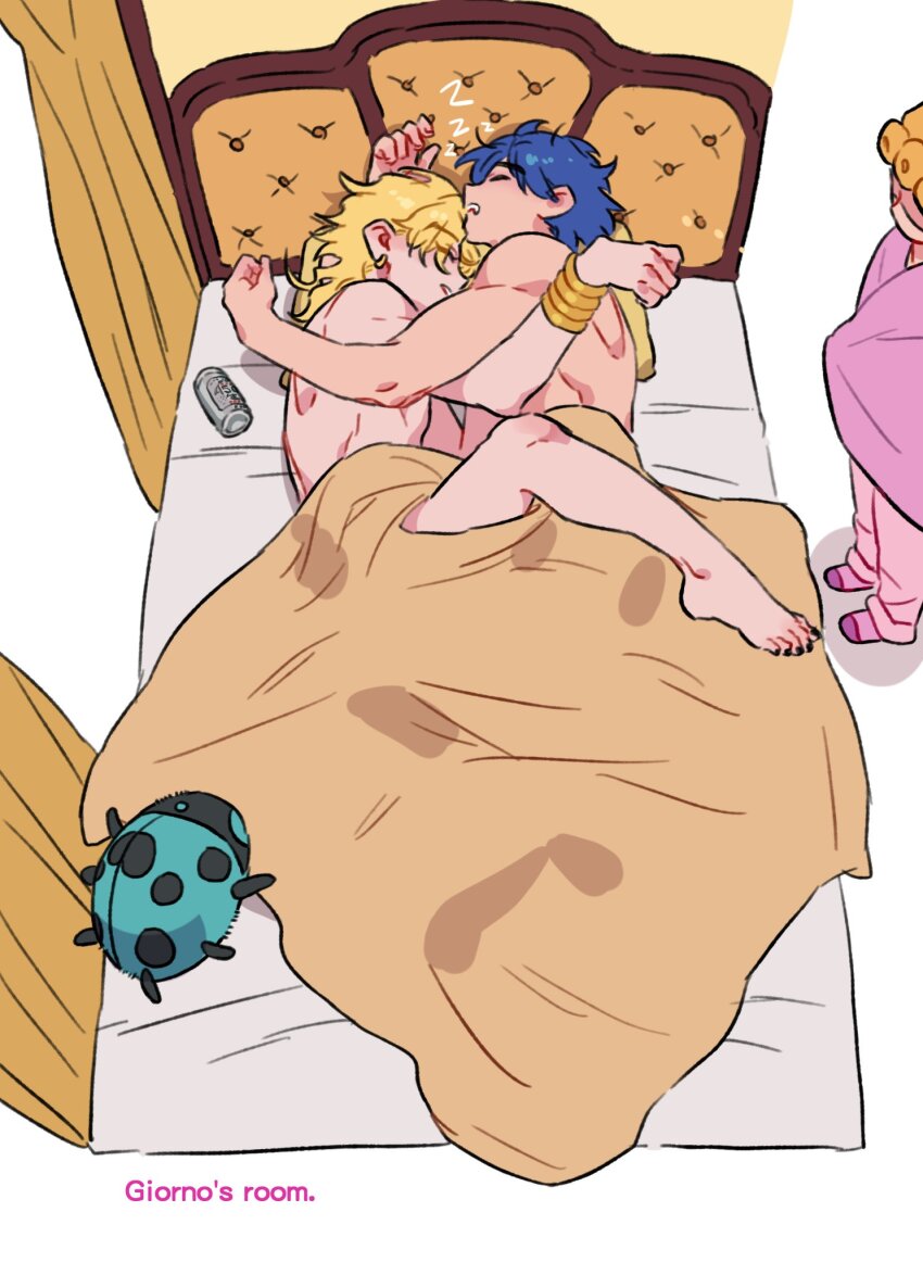 3boys aftersex bed bed_sheet bedroom black_nails blonde_hair can closed_eyes couple dio_brando earrings english_text family father_and_son giorno_giovanna highres honlo indoors jewelry jojo_no_kimyou_na_bouken jonathan_joestar looking_at_another male_focus multiple_boys muscular muscular_male nail_polish on_bed sleeping standing stuffed_toy toenail_polish toenails yaoi zzz