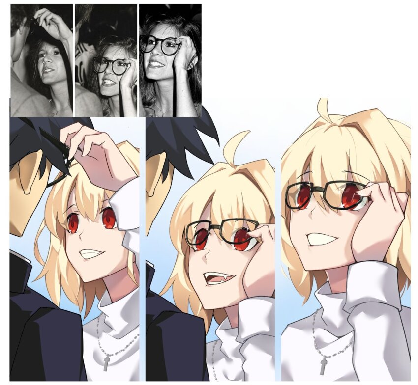1boy 1girl ahoge arcueid_brunestud black_hair blonde_hair couple fangs glasses holding holding_removed_eyewear jewelry looking_at_another necklace open_mouth photo-referenced red_eyes school_uniform short_hair simple_background smile sweater tierra_misu tohno_shiki tsukihime tsukihime_(remake) turtleneck turtleneck_sweater unworn_eyewear upper_body vampire white_sweater