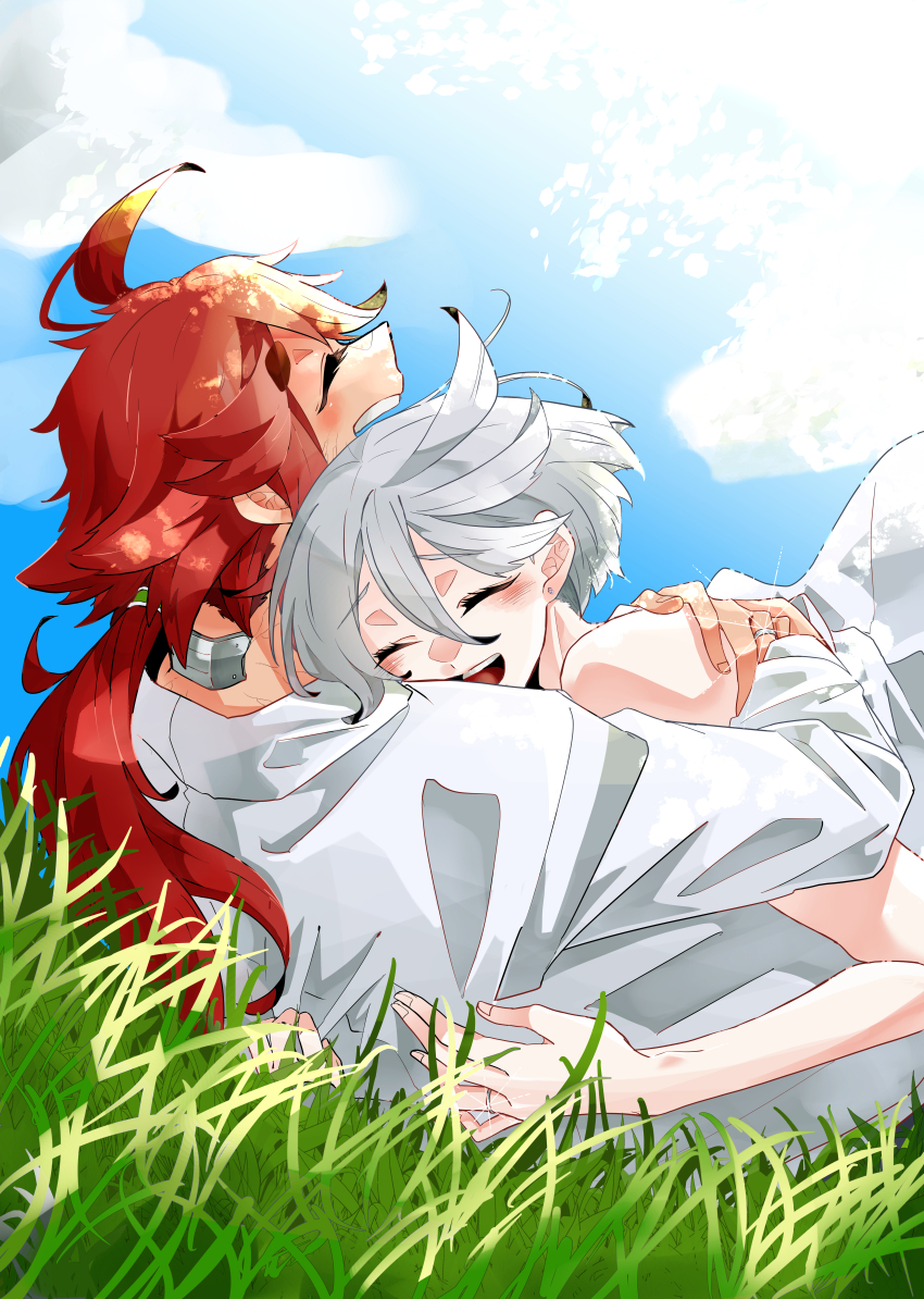 2girls absurdres blue_sky blush closed_eyes cloud commentary_request dark-skinned_female dark_skin day dress earrings female_focus gundam gundam_suisei_no_majo highres hug jewelry kusattatofu long_hair miorine_rembran multiple_girls on_grass open_mouth outdoors ponytail red_hair ring shirt short_hair sky smile stud_earrings suletta_mercury wedding_dress wedding_ring white_hair white_shirt wife_and_wife yuri