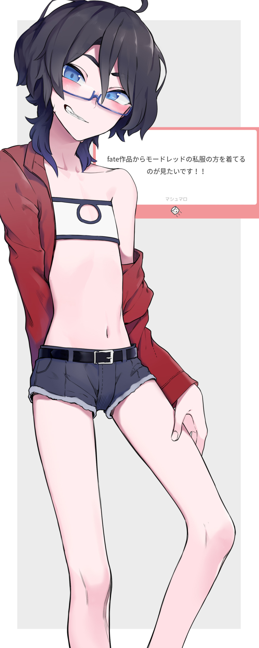 1boy absurdres belt black_belt blush border collarbone commentary_request cosplay crossdressing crossdressing_(mtf) fate_(series) gradient_background grin hand_on_own_leg highres indie_virtual_youtuber jacket kushizaki_(vtuber) male_focus mordred_(fate) mordred_(fate)_(cosplay) mordred_(fate/apocrypha) mordred_(memories_at_trifas)_(fate) navel off-shoulder_jacket off_shoulder red_jacket short_shorts shorts single_bare_shoulder smile solo st_(youx1119) stomach translation_request virtual_youtuber white_border
